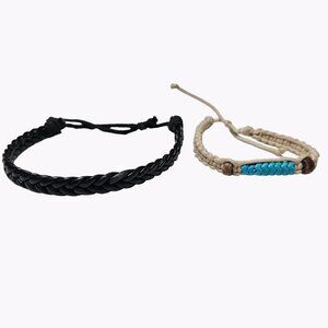 Friendship Bracelet Leather Hemp Woven Beaded Lot of 2 Fashion Jewelry Unisex
